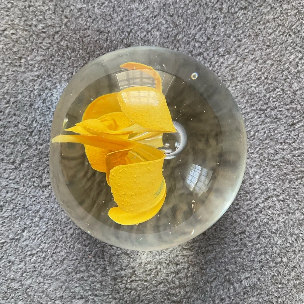 Mesmerizing Vintage Glass Paperweight Hand Blown Yellow Flower